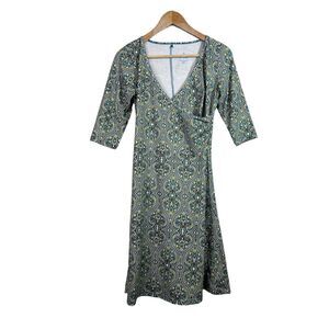 Prana Faux Wrap Dress Womens Blue Green Midi 3/4 Sleeve V-Neck Stretch S…